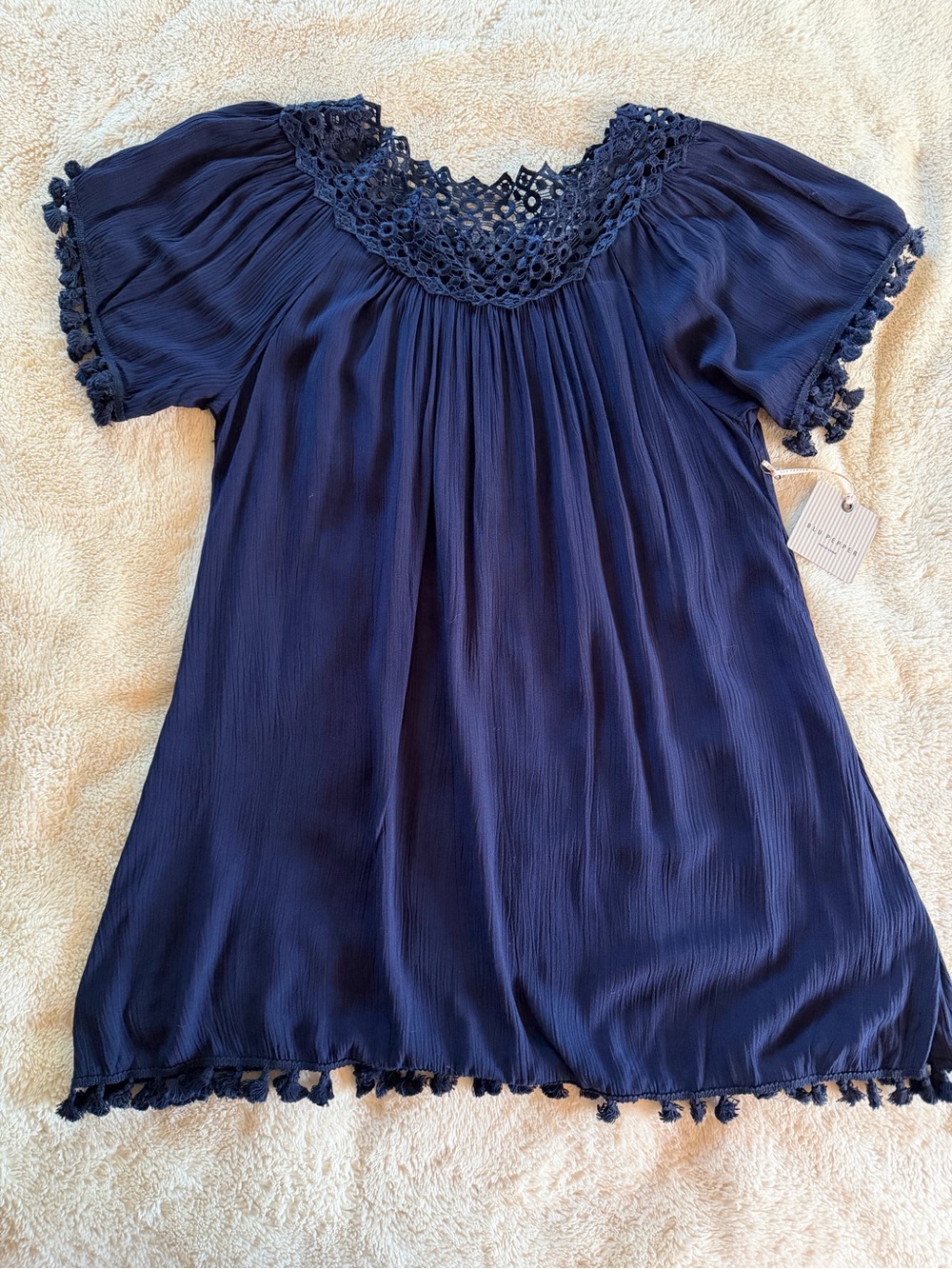 Blu Pepper NWT Navy Boho Crochet Lace Tassel Peasant Top Large